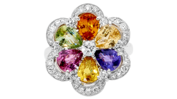 Stunning petal ring with round and pear brilliant cut diamonds and gemstones.