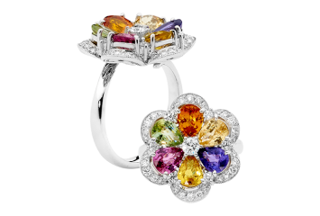 Stunning petal ring with round and pear brilliant cut diamonds and gemstones. Available in White Gold, Yellow Gold, Rose Gold or Platinum