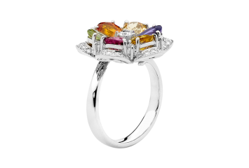 Stunning petal ring with round and pear brilliant cut diamonds and gemstones. Available in White Gold, Yellow Gold, Rose Gold or Platinum