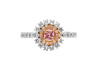 Pink double Halo with round brilliant cut diamonds available in platinum or rose gold. Available in White Gold, Yellow Gold, Rose Gold or Platinum