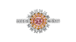 Pink double Halo with round brilliant cut diamonds available in platinum or rose gold.