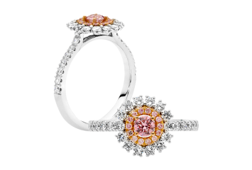 Pink double Halo with round brilliant cut diamonds available in platinum or rose gold. Available in White Gold, Yellow Gold, Rose Gold or Platinum