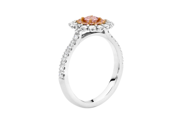 Pink double Halo with round brilliant cut diamonds available in platinum or rose gold. Available in White Gold, Yellow Gold, Rose Gold or Platinum