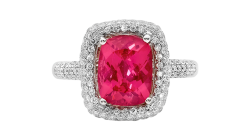 Red spinel with stunning cushion cut available in white gold or platinum.