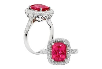 Red spinel with stunning cushion cut available in white gold or platinum. Available in White Gold, Yellow Gold, Rose Gold or Platinum