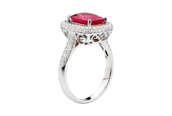 Red spinel with stunning cushion cut available in white gold or platinum. Available in White Gold, Yellow Gold, Rose Gold or Platinum